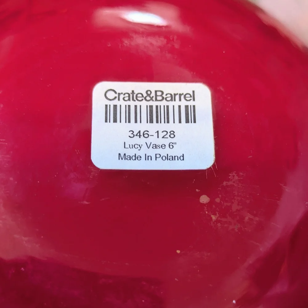 Crate & Barrel Lucy Cherry Red White Poland Cased Hand Blown Glossy Glass Vase.